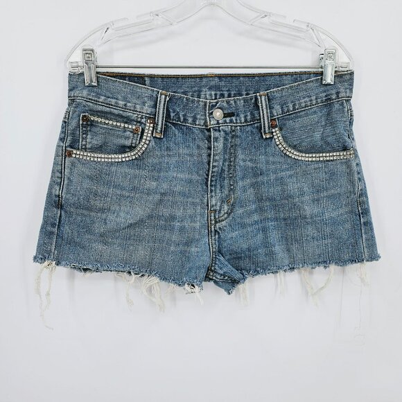 Levis 527 DIY Cut Off Shorts Denim Jorts 32 Medium Blue Fringe Rhinestone Bling - Picture 1 of 13